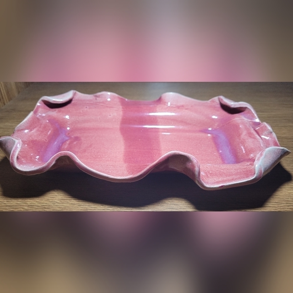 Handmade Pottery Wavy Ruffle Edge Tray In Shades Of Pink ~Serving, Vanity, Plant - Picture 2 of 5